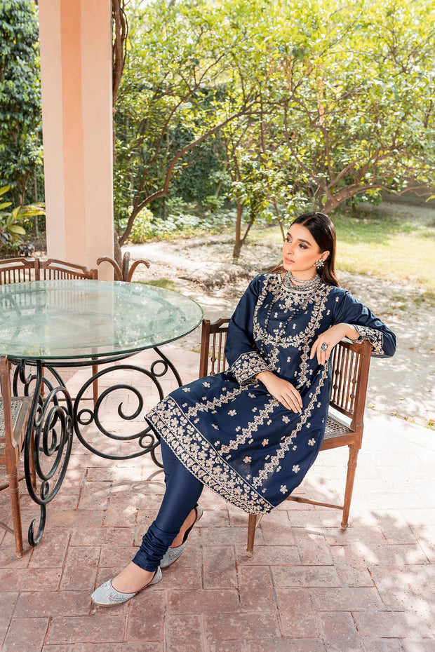 Pakistani Blue Dress in Frock Trouser Style for Eid Online