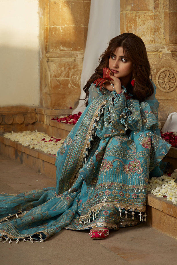 Pakistani Blue Dress in Wedding Kameez Trouser Dupatta Style