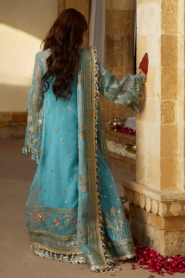 Pakistani Blue Dress in Wedding Kameez Trouser Style Online