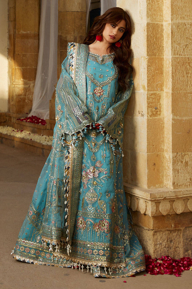 Pakistani Blue Dress in Wedding Kameez Trouser Style
