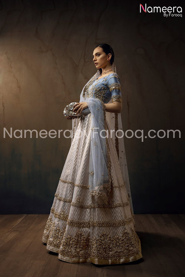 Pakistani Blue Lehenga Choli for Bride Side Look