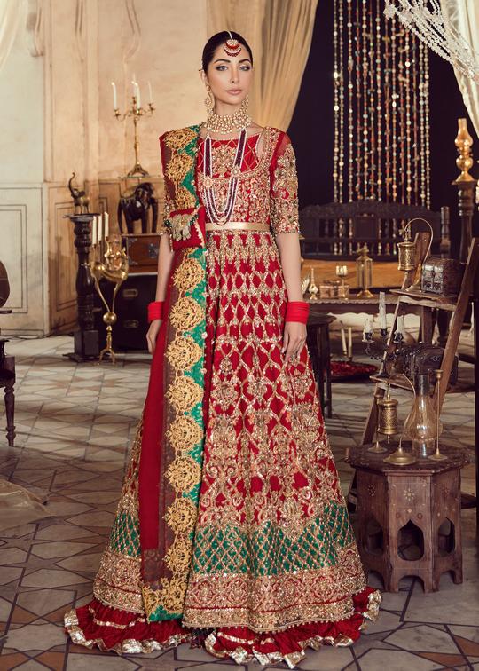 Pakistani Bridal Anarkali Pishwas in Red Color