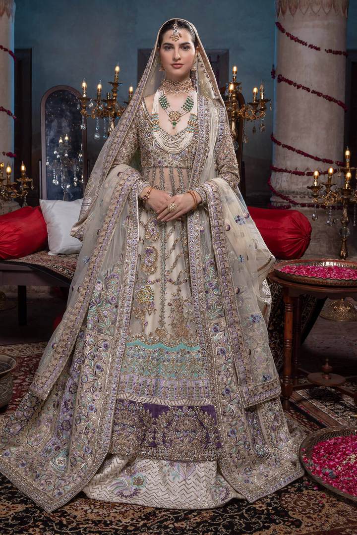 Pakistani Bridal Angrakha Dresses in Ivory Gold