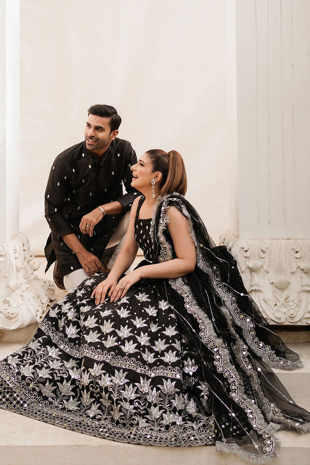 Pakistani Bridal Black Lehenga Choli and Dupatta
