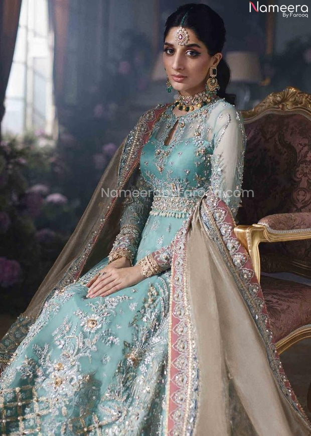 Pakistani Bridal Blue Lehenga with Long Frock #BN1009
