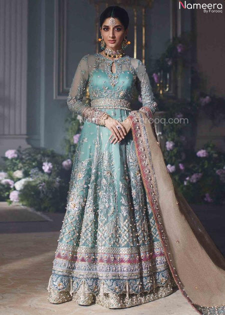 Pakistani Bridal Blue Lehenga with Long Frock in Net Fabric – Nameera ...