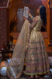 Pakistani Bridal Choli Lehenga Dress in Gold Color