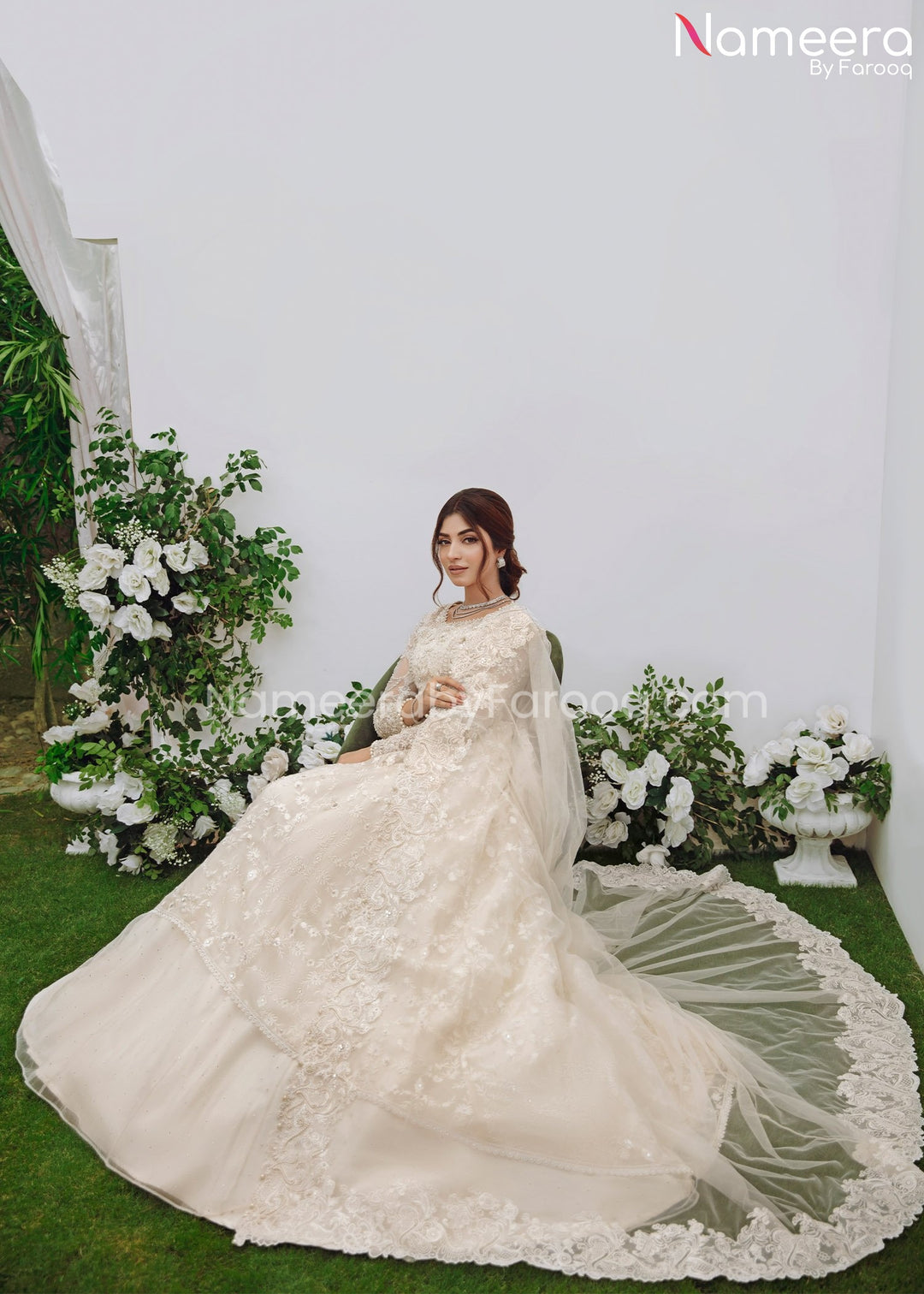 White Pakistani Bridal Dress in Lehenga Gown Style Online CUSTOM SIZES