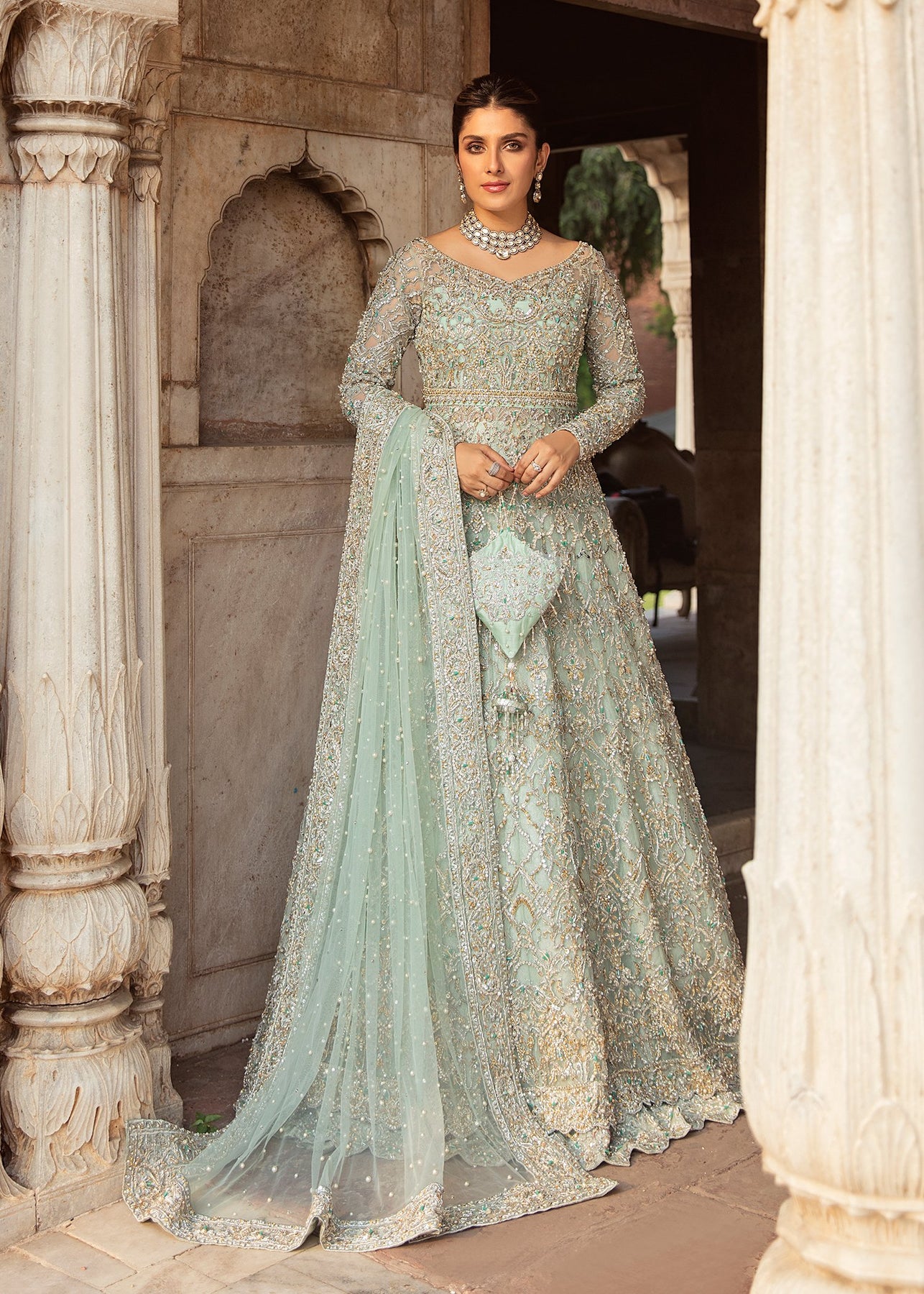 Elegant Pakistani Bridal Dress in Net Gown with Jamawar Lehenga ...