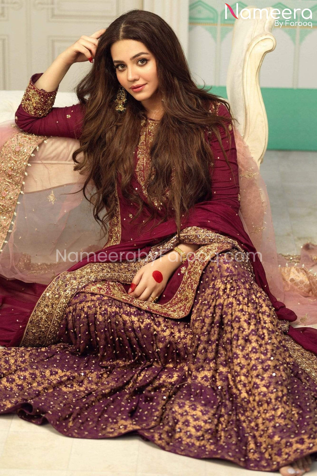 Banarsi Mehndi Garara Latest Maroon Banarsi Gharara With Kameez