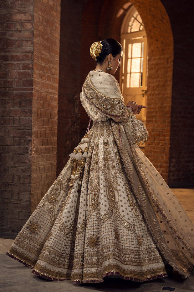 Pakistani Bridal Dress in Alluring White and Gold Lehenga Choli Dupatta Style
