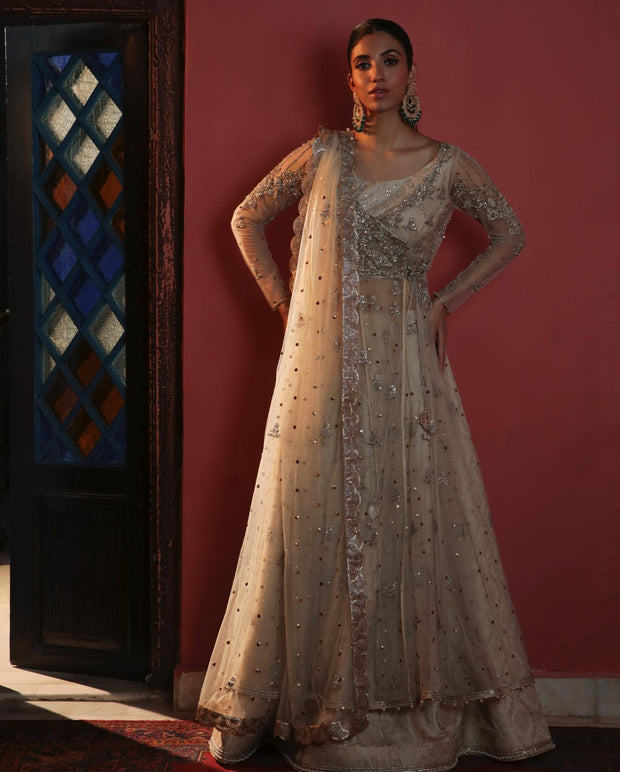 Pakistani Bridal Dress in Angrakha Frock Lehenga Style