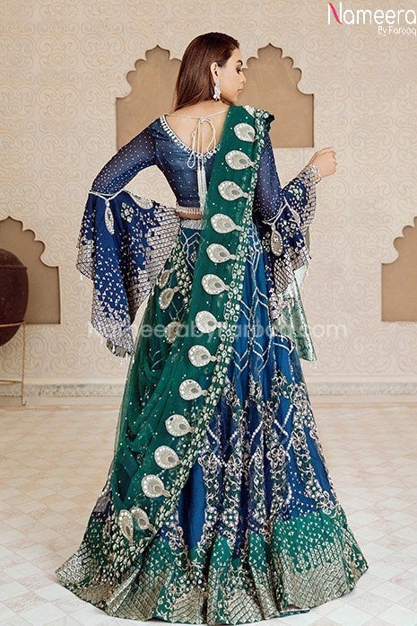 Elegant Pakistani Bridal Dress in Blue Color Online Backside View