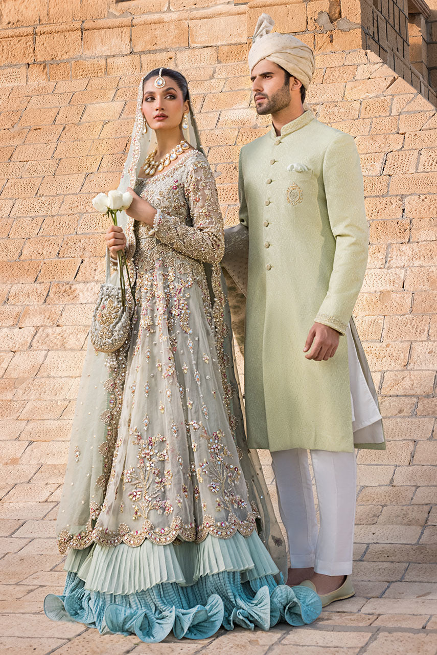 Luxurious Pakistani Bridal Lehenga Frock in Mint Blue