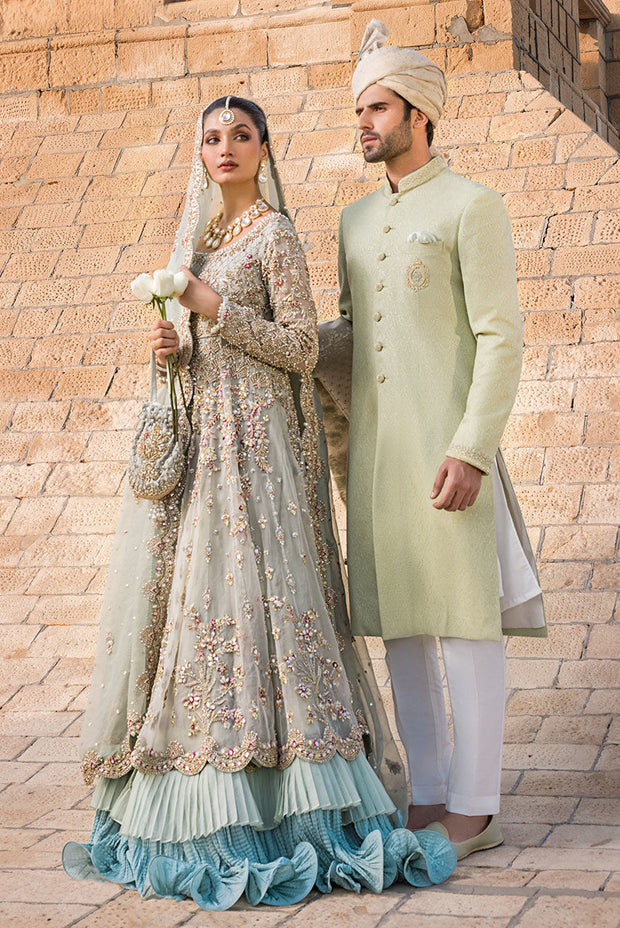 Pakistani Bridal Dress in Crushed Lehenga and Frock Style