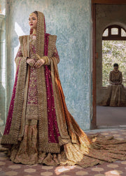 Pakistani Bridal Dress in Embellished Kameez with Farshi Lehenga and Double Dupattas Style
