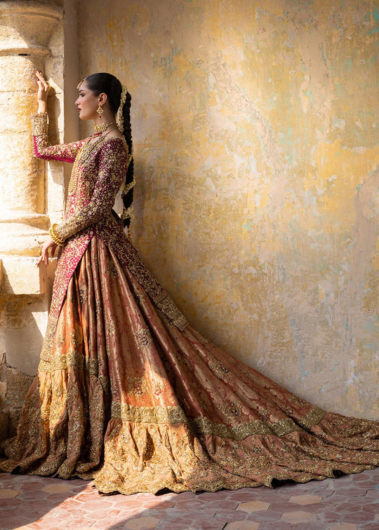 Pakistani Bridal Dress in Embellished Kameez with Lehenga and Double Dupattas Style
