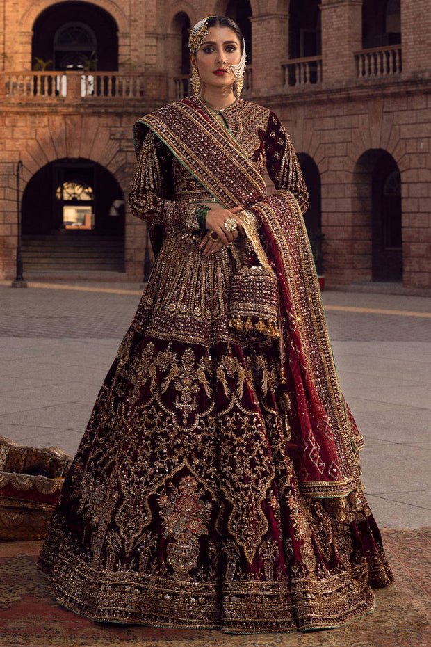 Pakistani Bridal Dress in Embellished Lehenga Choli and Dupatta Style in Premium Velvet