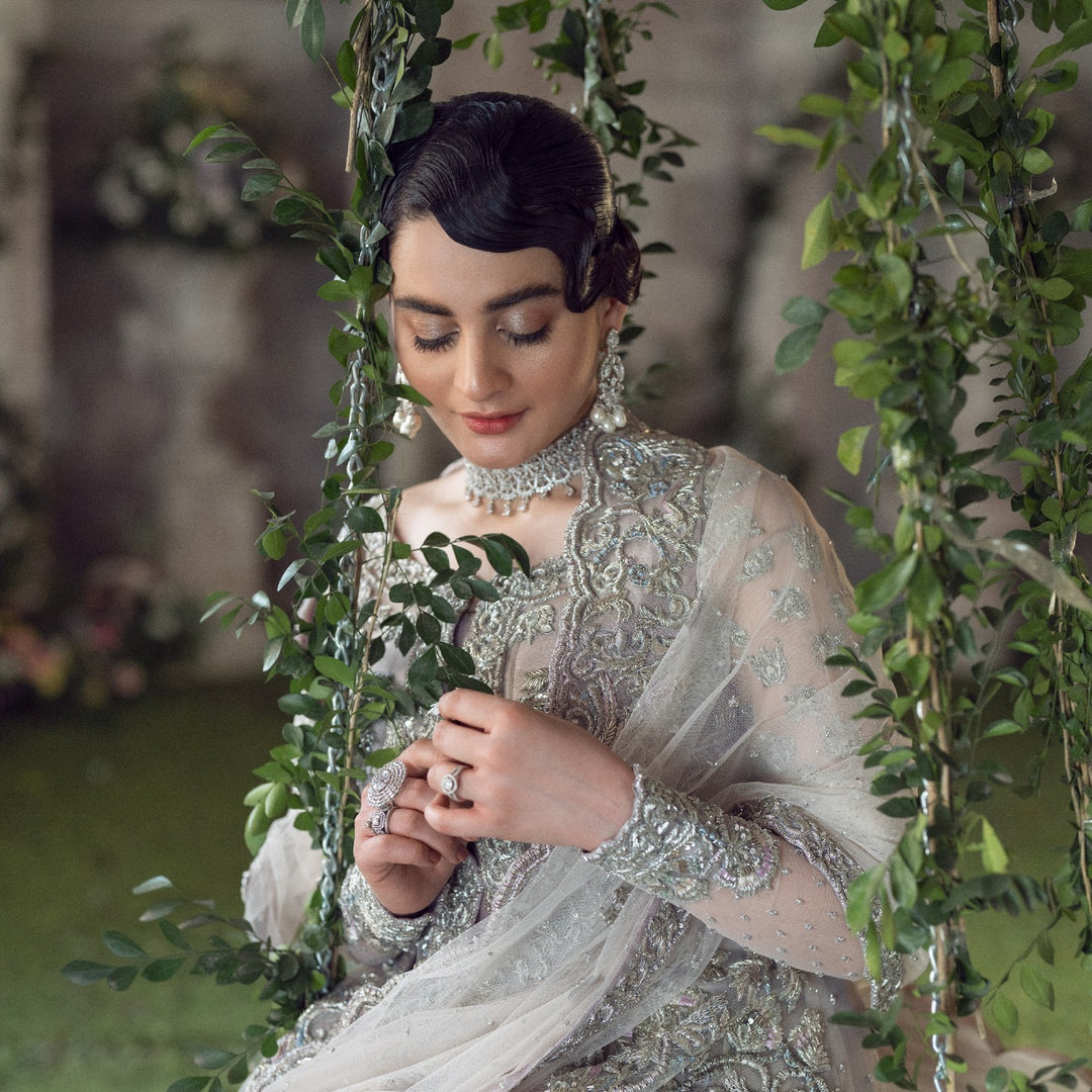 Elegant Silver Pakistani Bridal Dress with Gown Lehenga