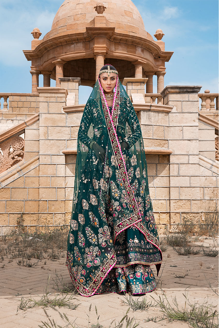 Elegant Green Pakistani Bridal Dress & Lehenga Frock Style
