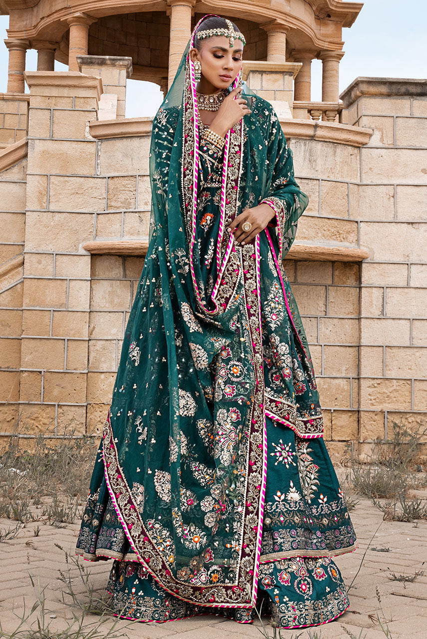 Elegant Green Pakistani Bridal Dress & Lehenga Frock Style