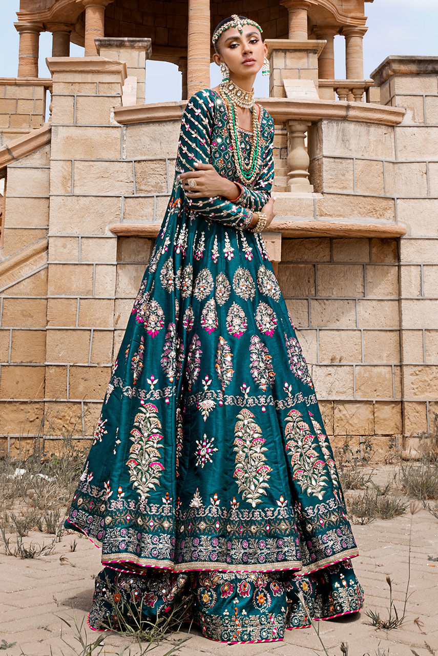 Elegant Green Pakistani Bridal Dress & Lehenga Frock Style