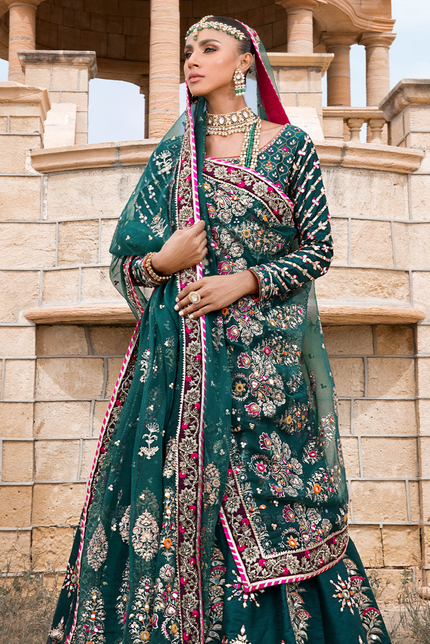 Elegant Green Pakistani Bridal Dress & Lehenga Frock Style