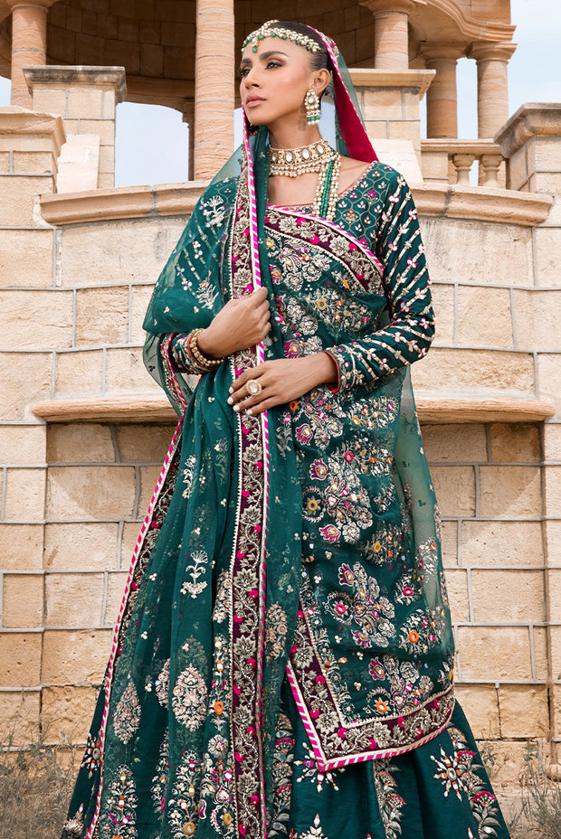 Pakistani Bridal Dress in Green Lehenga Frock Style – Nameera by Farooq