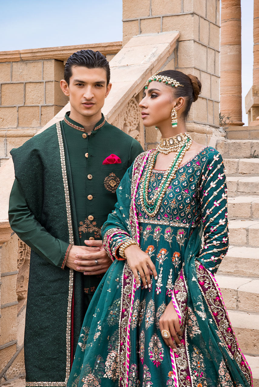 Elegant Green Pakistani Bridal Dress & Lehenga Frock Style