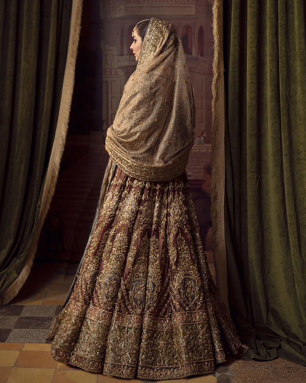 Pakistani Bridal Dress in Lehenga Choli Dupatta Style in Premium Tissue Fabric