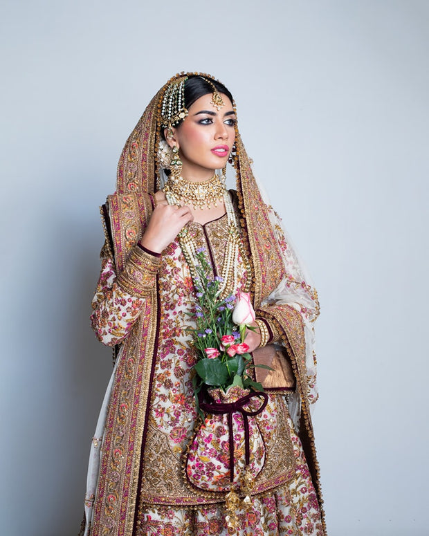 Pakistani Bridal Dress in Lehenga Style with Open Shirt and Dupatta