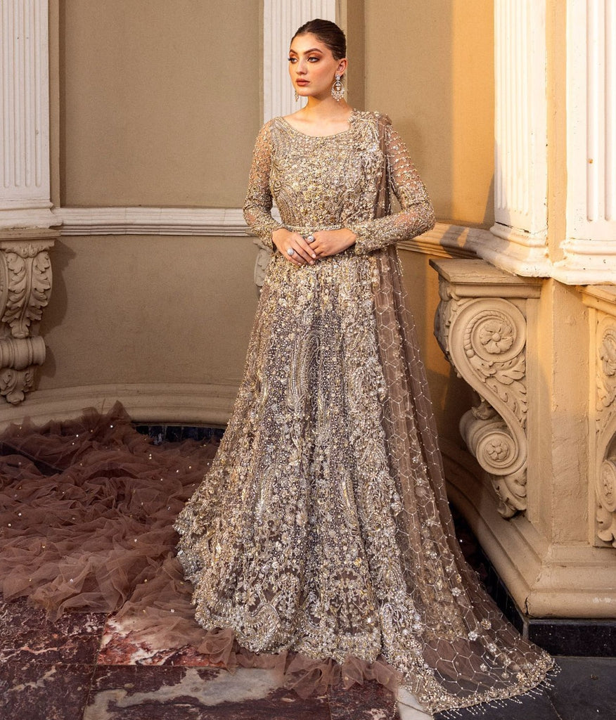 Golden Evening Dress Indian Pakistani Designer Wedding Gowns Party Wear  Outfits | eBay