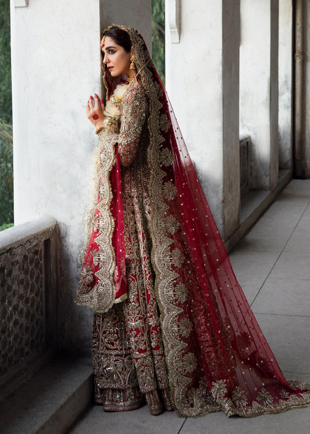 Pakistani Bridal Dress in Net Pishwas Frock and Silk Lehenga Style with Dupatta