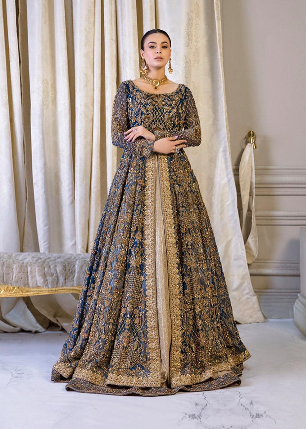 Pakistani Bridal Dress in Open Frock and Lehenga Style