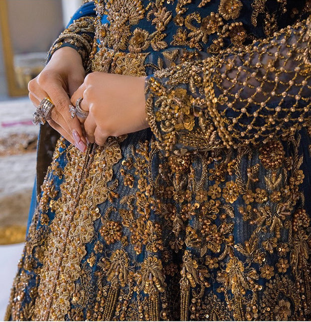 Pakistani Bridal Dress in Open Pishwas Frock and Lehenga Style