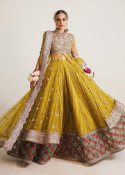 Pakistani Bridal Dress in Open Pishwas Frock with Wedding Lehenga and Net Dupatta Style