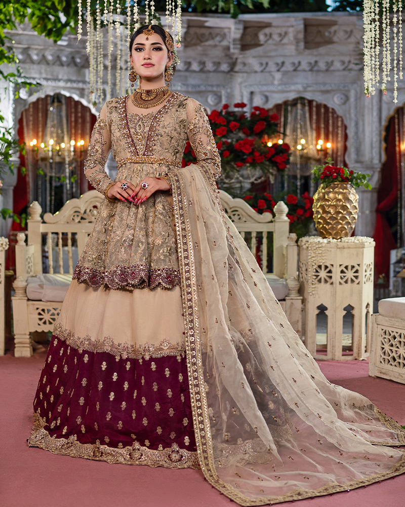Elegant Pakistani Bridal Dress with Peplum & Lehenga