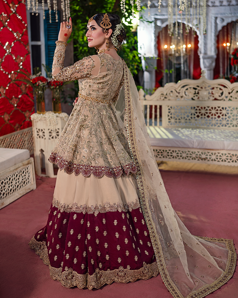 Elegant Pakistani Bridal Dress with Peplum & Lehenga