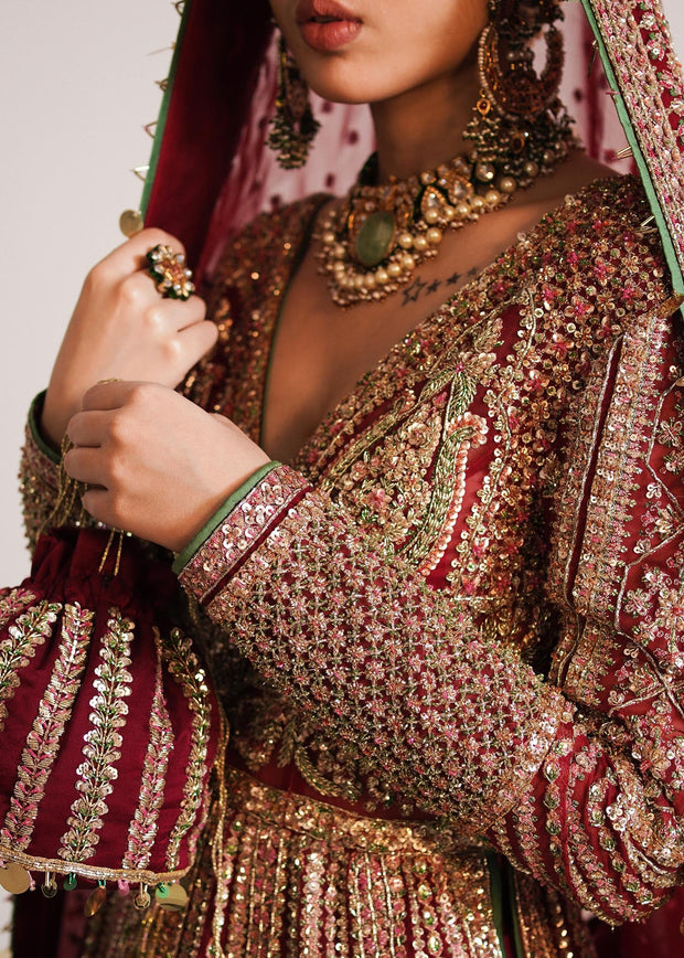 Pakistani Bridal Dress in Pishwas and Red Lehenga Style