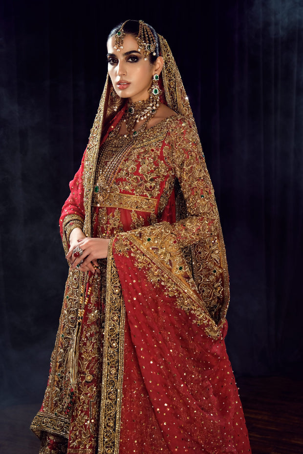 Pakistani Bridal Dress in Red Lehenga Frock Style
