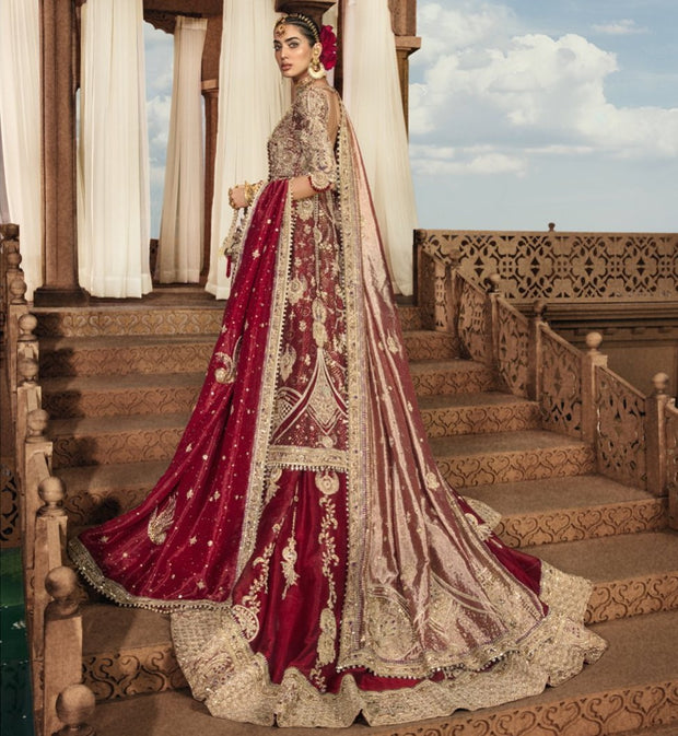 Pakistani Bridal Dress in Red Lehenga Kameez Style – Nameera by Farooq