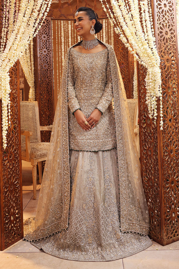 Pakistani Bridal Dress in Silver Lehenga Shirt Style Online