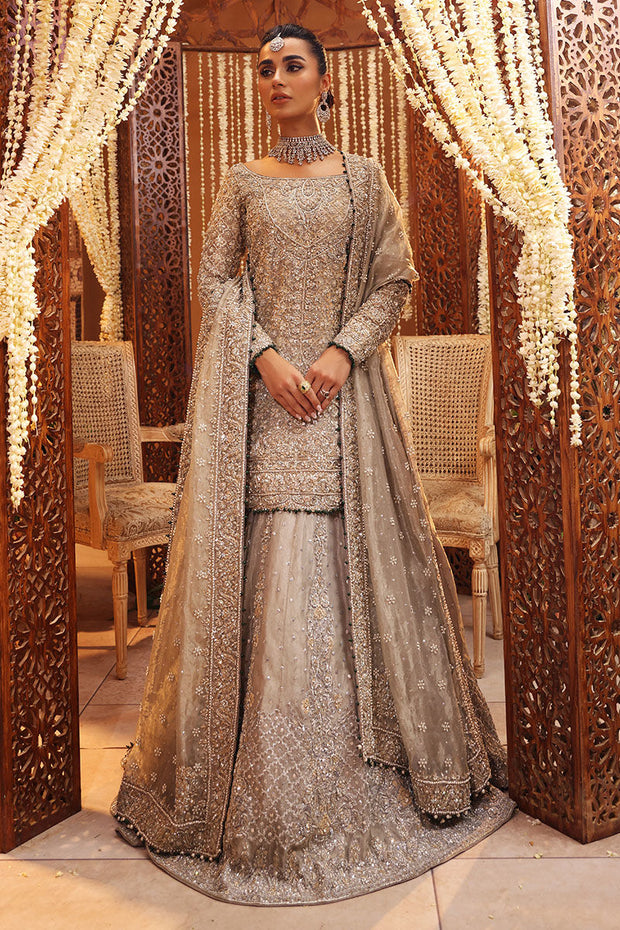 Pakistani Bridal Dress in Silver Lehenga Shirt Style