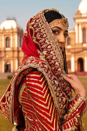 Pakistani Bridal Dress in Traditional Pishwas Frock and Lehenga Dupatta Style