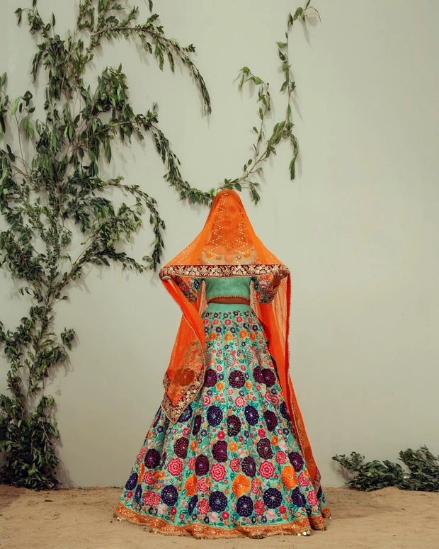 Pakistani Bridal Firozi Color Lehenga Choli Dupatta Dress