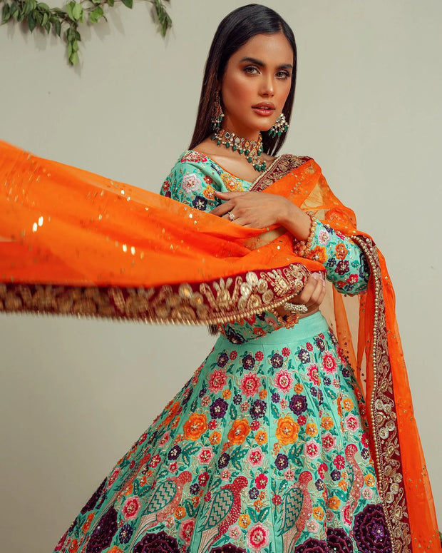 Pakistani Bridal Firozi Color Lehenga Choli Dupatta