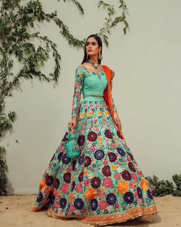 Pakistani Bridal Firozi Color Lehenga Choli