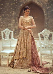 Pakistani Bridal Frock Lehnga in Light Gold Color (