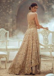 Pakistani Bridal Frock Lehnga in Light Gold Color Backside View