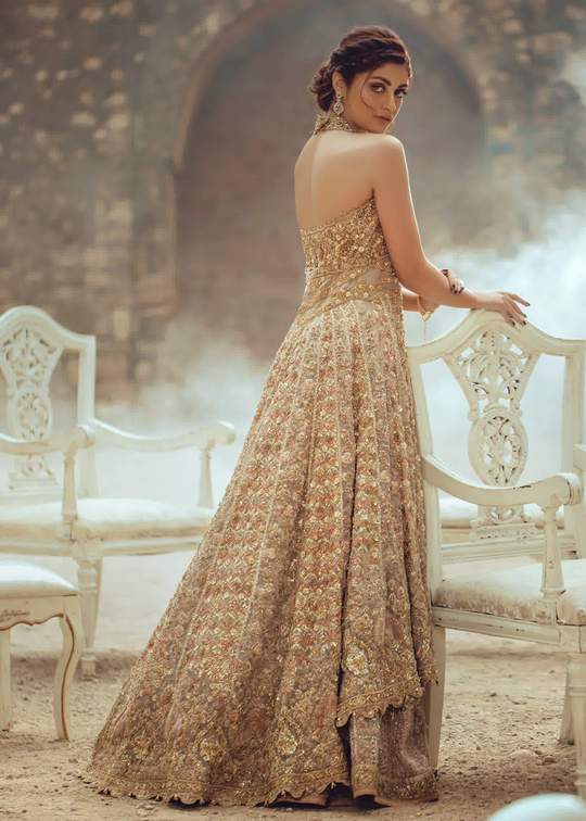 Pakistani Bridal Frock Lehnga in Light Gold Color Backside View